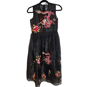Sheer Black Midi Dress With Embroidered Dragon & Floral Details By ASOS